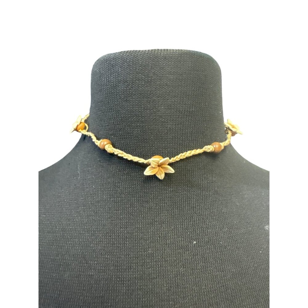 Jute and Rubber Flower Choker Necklace with Wooden Beads 15 inch